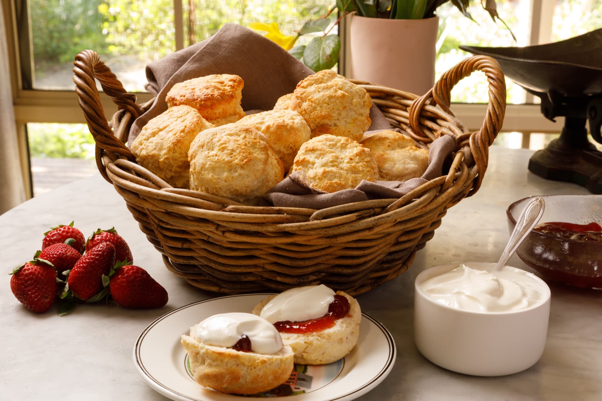 Country style scones with jam and cream